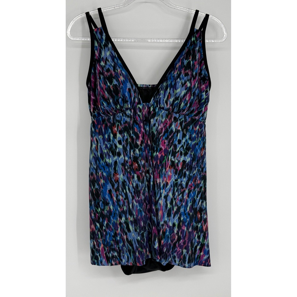 Trimshaper Womens Animal Print Swim Dress Blue Purple Tummy Control Sz 14